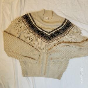 Altar'd State Cream Fringe Poncho Sweater with Black & Brown Yoke